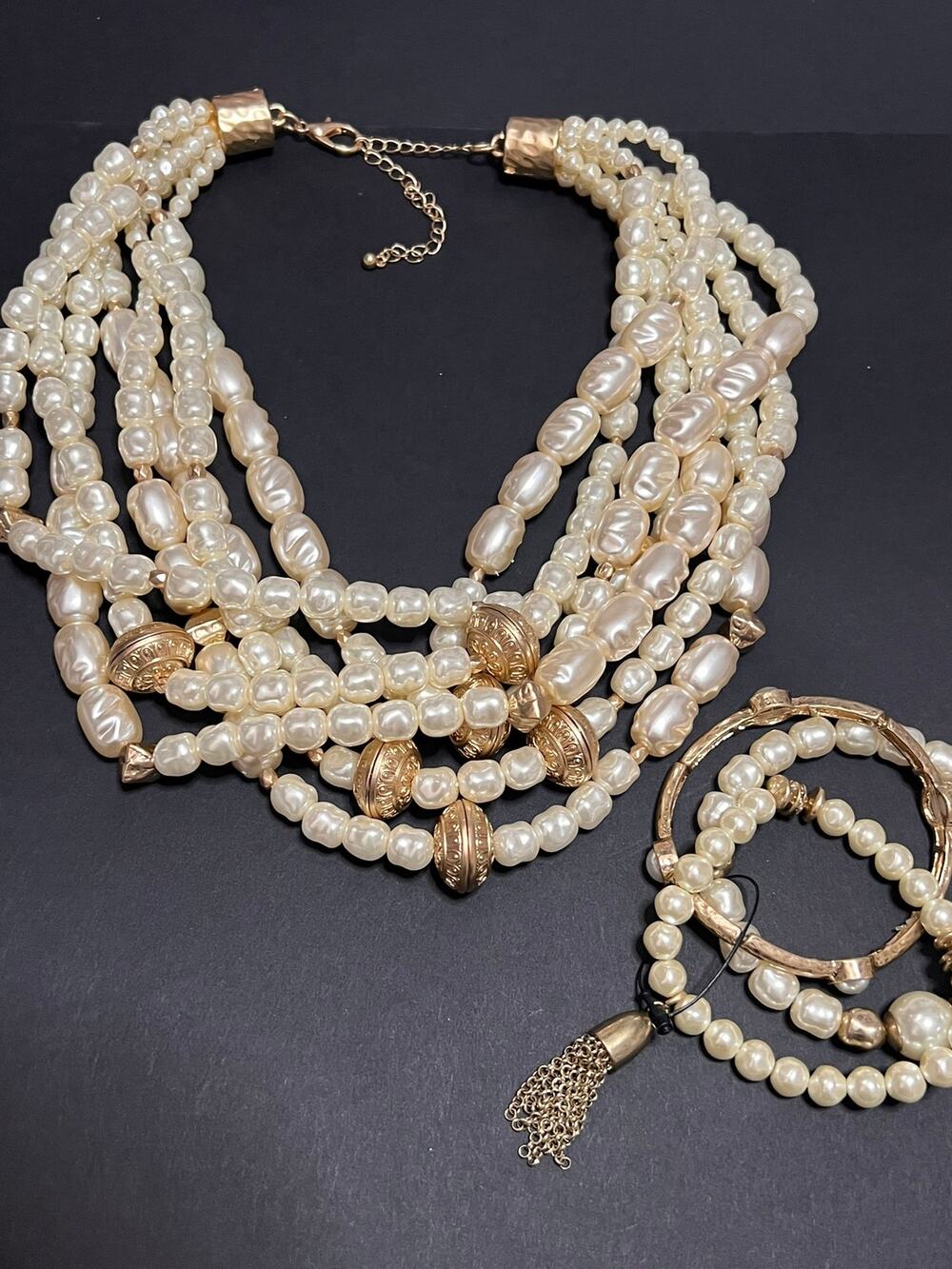 VINTAGE CREAM IVORY MULTI STRAND BEADED STATEMENT NECKLACE & BRACELET SET NWOT
